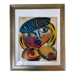 1970s Cubist Style Abstract Face Painting by Peter Keil, Framed For Sale