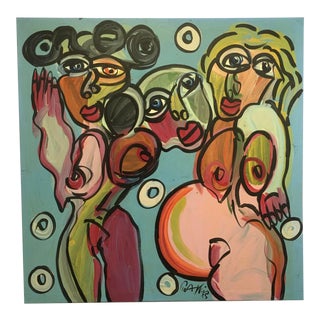 1980s Cubist Style Figurative Abstract Acrylic Painting by Peter Keil For Sale