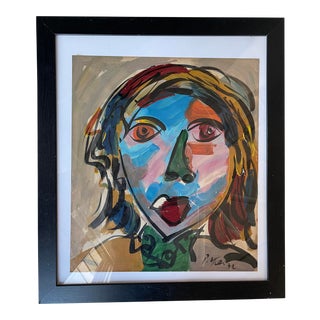 1970s Abstract Face Acrylic Painting by Peter Keil, Framed For Sale