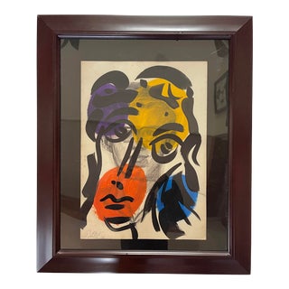 1970s “Joan Miró” Abstract Face Acrylic Painting by Peter Keil, Framed For Sale