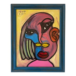 1970s “Lady of Spain” Cubist Style Abstract Face Painting by Peter Keil, Framed For Sale