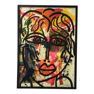 1980s Abstract Face Mixed-Media Painting by Peter Keil, Framed For Sale