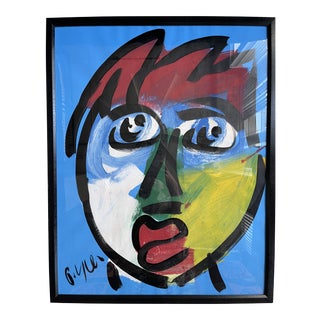 Contemporary Abstract Face Portrait Acrylic Painting by Peter Keil, Framed For Sale