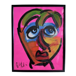 Contemporary Abstract Face Portrait Acrylic Painting by Peter Keil, Framed For Sale