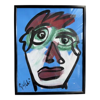 Contemporary Abstract Face Portrait Acrylic Painting by Peter Keil, Framed For Sale