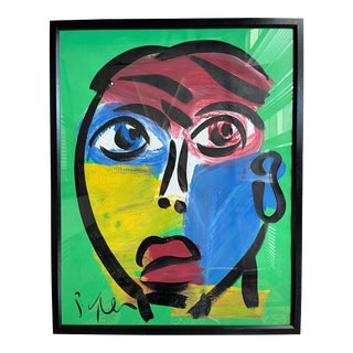 Contemporary Abstract Face Portrait Acrylic Painting by Peter Keil, Framed For Sale