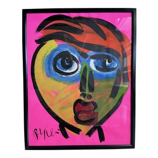 Contemporary Abstract Face Portrait Acrylic Painting by Peter Keil, Framed For Sale