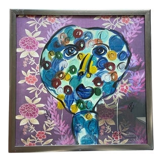 Late 20th Century Abstract Face Portrait Acrylic Painting by Peter Keil, Framed For Sale