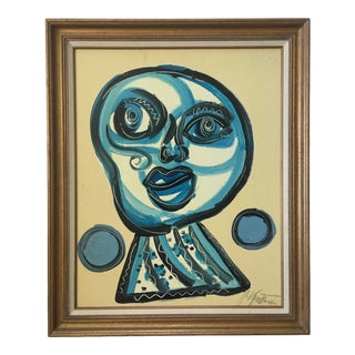 Mid 20th Century Abstract Portrait Acrylic Painting by Peter Keil, Framed For Sale