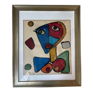 Mid 20th Century Cubist Style Face Portrait Painting by Peter Keil, Framed For Sale