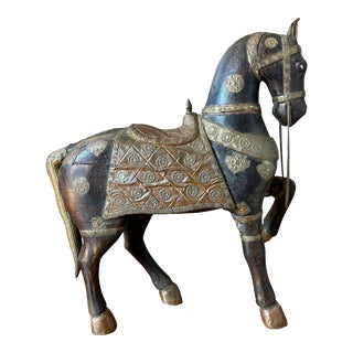 Rare Large Antique Copper & Brass Wooden Horse For Sale
